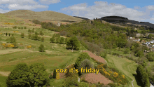 an aerial view of a hillside with the words coz it 's friday