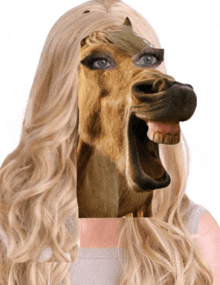 a woman wearing a blonde wig has a horse 's face on her head