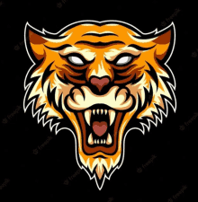 a cartoon illustration of a tiger 's head with its mouth open on a black background