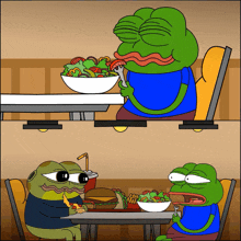 two frogs are sitting at a table with a salad and a hamburger