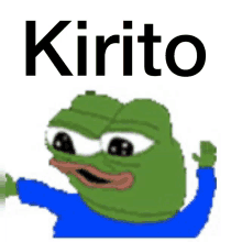 a green frog with a blue shirt and the word kirito behind him