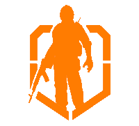 a silhouette of a man holding a gun in front of a shield