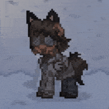 a pixel art of a pony with a beard and glasses standing in the snow .