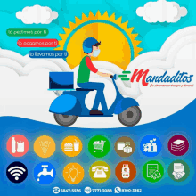 an advertisement for mandatitos shows a man riding a blue scooter