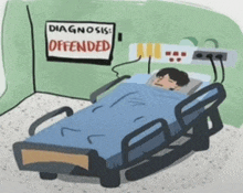 a cartoon of a hospital bed with a sign that says diagnosis offended above it