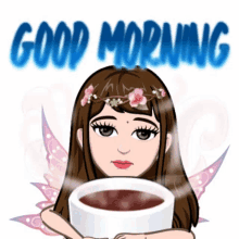 a cartoon of a girl holding a cup of coffee with the words good morning written above her