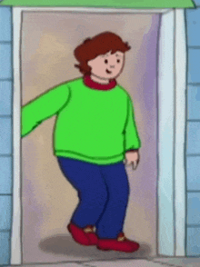 a cartoon character is standing in a doorway wearing a green sweater and blue jeans .