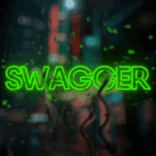 a neon sign that says swagger on a dark background