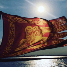 a red and gold flag with a lion on it and the words pax fideli de mito on it