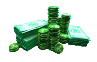 stacks of green coins and stacks of green bills with rs on them