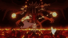 a woman in a white cape stands in front of a monster that is surrounded by fire