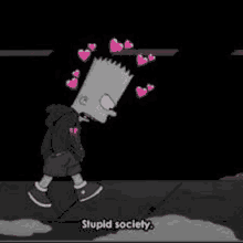 bart simpson is walking down the street in a black and white photo with hearts around his head .