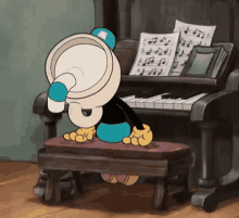 a cartoon character is sitting on a stool in front of a piano with sheet music on it