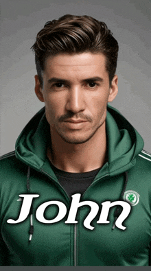 a man wearing a green hoodie with the name john on it