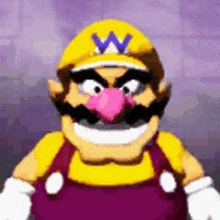 wario is wearing a yellow hat with a blue w on it and a pink nose .