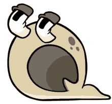 a cartoon drawing of a snail with its mouth open and a hat on