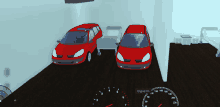 two red cars are parked in a room with a speedometer that says engine on at the bottom