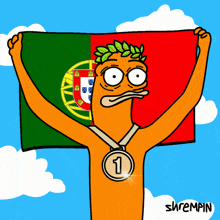 a cartoon character holding a flag with a medal around his neck with the number 1 on it