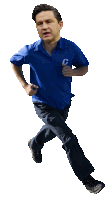 a man wearing a blue shirt with the letter c on it is running