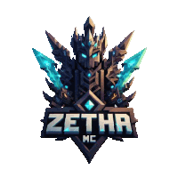 a logo for zetha mc shows a robot with a sword