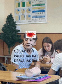 a man with a red apple on his head is sitting in a classroom