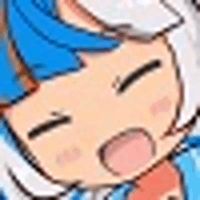 a close up of a cartoon character 's face with blue hair and white hair .