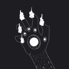 a black and white drawing of a hand with claws and a circle in the middle