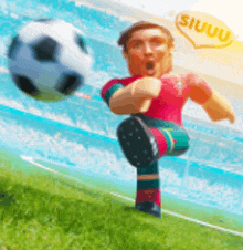 a soccer player is kicking a soccer ball on a soccer field .