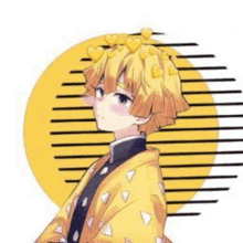 a boy with yellow hair and hearts in his hair is wearing a yellow kimono .