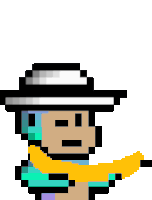 a pixel art drawing of a man wearing a hat and scarf holding a banana .