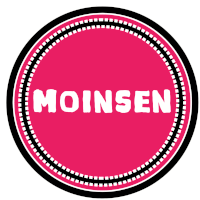 a pink circle with the word moinsen in white