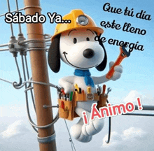 snoopy is wearing a hard hat and holding a wrench while hanging from a power pole .