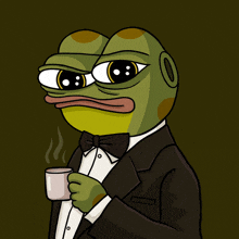 a frog in a tuxedo holds a cup of coffee