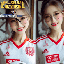 a woman wearing glasses and an adidas jersey is smiling