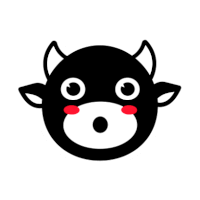 a black and white cartoon cow with horns and red cheeks .