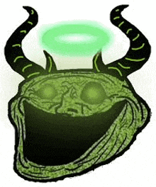 a troll face with horns and a halo around its head .