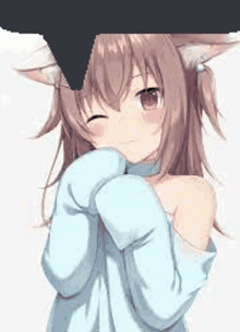 a girl with cat ears is wearing a blue sweater and a blue shirt .