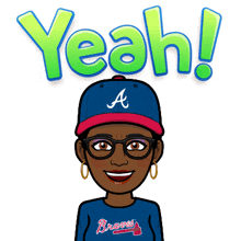 a cartoon of a woman wearing a braves shirt and hat