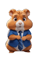 a hamster wearing a suit and tie looks at the camera