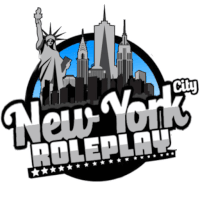 a logo for new york roleplay with a statue of liberty in the background