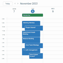 a calendar for november 2022 shows a morning standup and election day