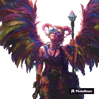 a painting of a woman with horns and wings is displayed on a white background with the photoroom logo in the corner