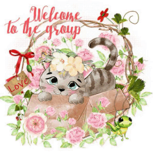 a cat in a box with flowers and the words welcome to the group on the bottom