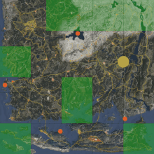 a map of a country with green areas and orange dots