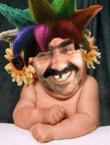 a baby wearing a colorful jester hat with flowers on it