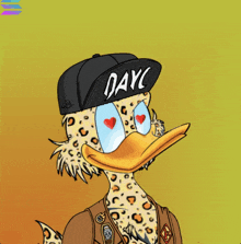 a cartoon of a duck wearing a hat that says dayc