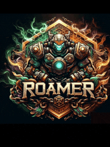 a logo for a game called roamer with a robot