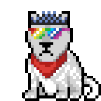 a pixel art drawing of a dog wearing a crown and sunglasses