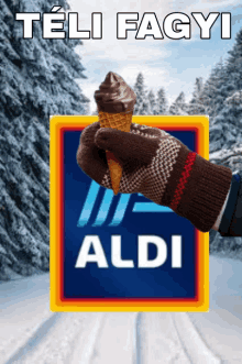 a person is holding an ice cream cone in front of an aldi logo