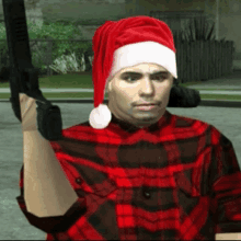 a man wearing a santa hat and plaid shirt is holding a gun